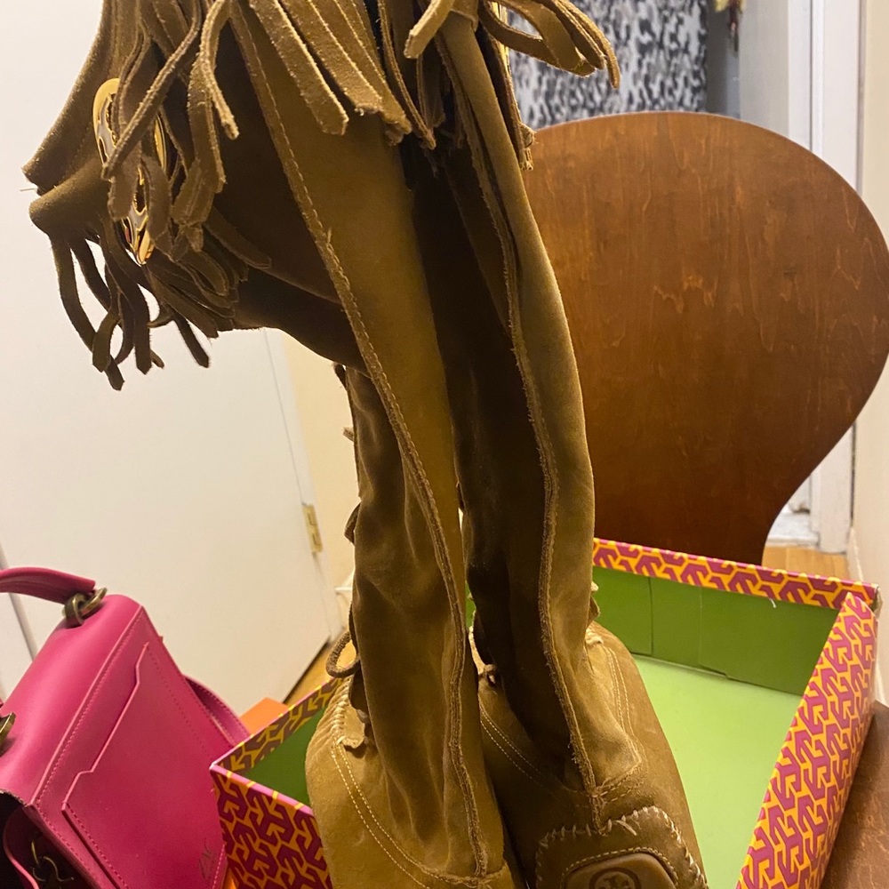 Tory Burch Suede Camel Moccasin Lace up Boots - Picture 12 of 16